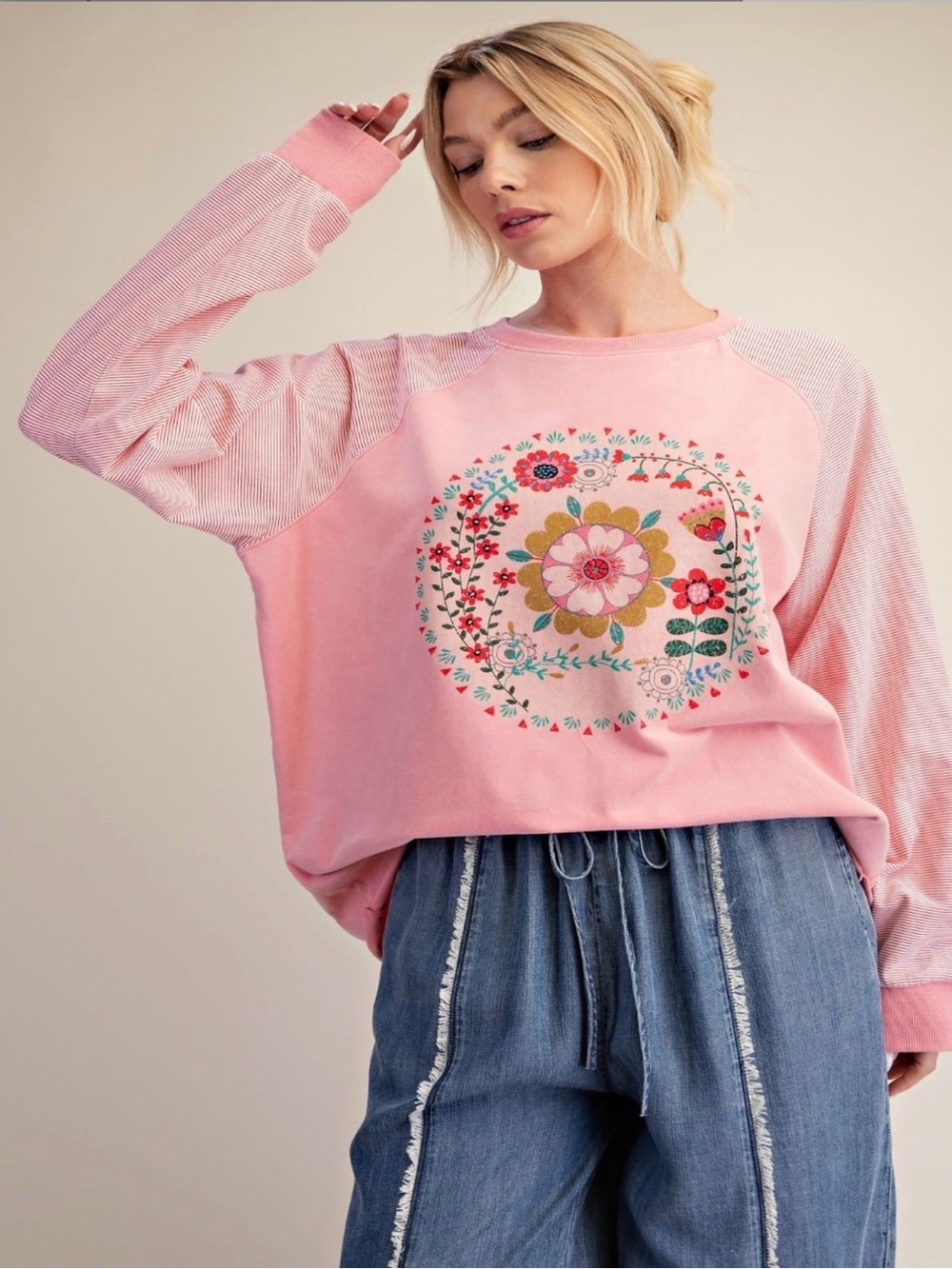 Easel Pink Floral Graphic  with pink and white striped Long Sleeved Tee-NWT